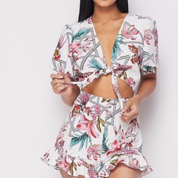 Pants - White Printed Romper Floral and Leaves